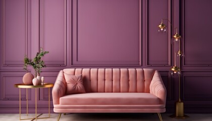 Modern classic style with pink sofa and gold table on purple wall background.3d rendering