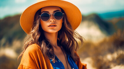 Young woman on a sea vacation. Portrait of a young woman in hat and sunglasses at a seaside resort. Generative AI 