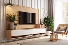 TV Cabinet And Storage Space In A Living Room With A White Wall. Generative AI