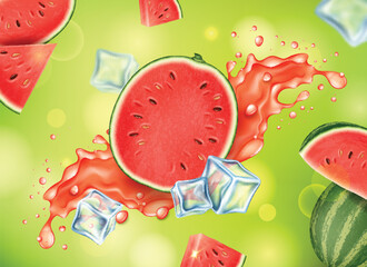 Sticker - Realistic Detailed 3d Half Fresh Watermelon with Splash and Ice Cubes Juice Freshness Drink Concept Background. Vector illustration