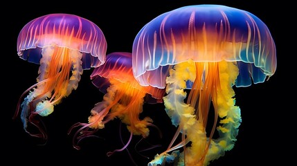 Wall Mural - The mesmerizing elegance of jellyfish as they gracefully drift through the ocean depths. dark background. generative ai