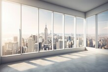 Skyline A High Rise Window. Gorgeous Real Estate With A View. Interior Skyscrapers View Cityscape Mockup Of A Blank Room With A White Wall. The Day. In The Middle Of Day