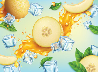 Poster - Realistic Detailed 3d Half Fresh Melon with Splash and Ice Cubes Juice Freshness Drink Concept Background. Vector illustration