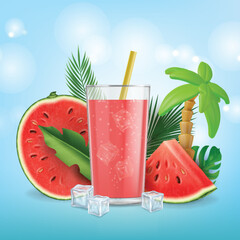 Wall Mural - Realistic Detailed 3d Watermelon Fresh Juice Summertime Concept Background. Vector illustration of Fruit Summer Cocktail Drink