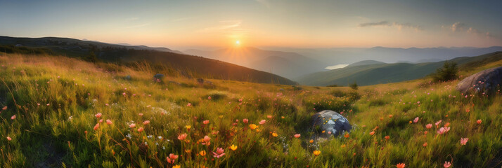 Wall Mural - sunset in the mountains, meadow and flower, Generative AI