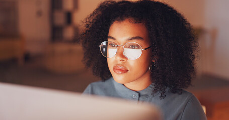 Reflection, black woman and employee with glasses, night and online reading in workplace, deadline or schedule. African American female entrepreneur, consultant or journalist with eyewear and reflect