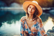 © zamuruev - Young woman on a sea vacation. Portrait of a young woman in hat and sunglasses at a seaside resort. Generative AI