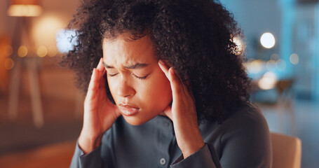 Sticker - Stress, headache and woman in the office at night working on a corporate project with a deadline. Frustration, migraine and tired professional female business employee with burnout in the workplace.