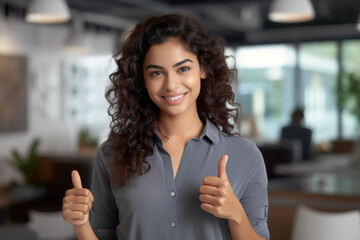 Wall Mural - Close up of a woman at work smiling with a thumb up. Generative AI