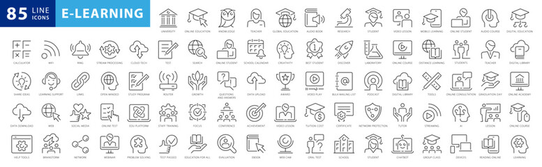 E-learning Black and White icon set. Online education Elements Outline icon set. Thin line icons set. Smart Learning. Online tuition, e-learning, video courses, Graduation, Education Platform ideas.