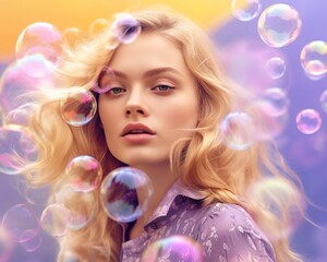 Serene summer beauty: blonde woman amidst a wave of bubbles a portrait of a young woman in summer clothing featuring golden blonde hair and an aura of peace in the midst of translucent bubbles