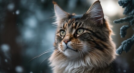 a close up of a cat near a tree with snow on it's head and a blurry background of trees and bushes in the foreground. generative ai