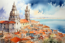 Lisbon Illustration. Capital Of Portugal. Drawing With Watercolor Technique. Styling In Detail. Vacation City. Tourist Destination. Image Generated With Artificial Intelligence