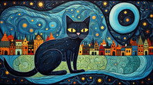 Portrait Of Cat Animal Starry Night Scandinavian Folk