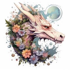  Dragon watercolor illustration, clipart, cute abstract art, cool tattoo design, generative ai art, white background