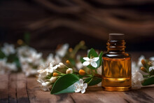 Neroli Essential Oil With Flowers On A Wooden Background, Generative AI 2