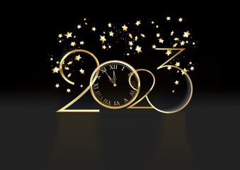 Wall Mural - Gold Happy New Year 2023 logo with clock face and confetti glitter sparkles on black background. illustration.
