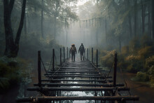 Two People From The Back Crossing A Bridge In The Forest In A Cinematic Scene. Exploring The World Together. Realistic 3D Illustration. Generative AI