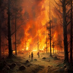 Forest fire with burning trees and save environment and wild natural