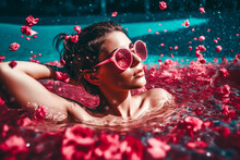 Portrait Of Beauty Girl Swimming In Pool Surrounded By Petals Of Flowers. Resort Concept. Generative AI