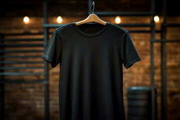 Poster - Black cotton T-shirt hanging on a hanger, a place for text