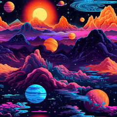 Wall Mural - Fantasy space neon psychedelic galaxy with planets repeat pattern