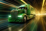 Fototapeta Sawanna - peeding truck in motion against the backdrop of a nocturnal setting. Dynamic energy and intensity of the truck's movement through a combination of bold brushstrokes and vibrant shades of green.