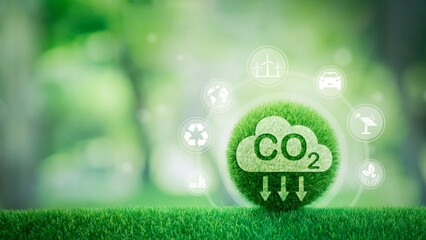 Wall Mural - reducing carbon emissions carbon neutral concept Net zero emission target, green background with icons.