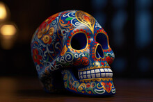 Typical Mexican Skull With Flowers Painted On Black Background. Dia De Los Muertos.