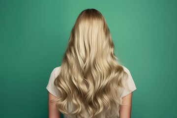 beautiful young woman with blond stylish wavy hairdo on green background, back view