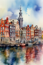 Amsterdam Watercolor. Illustration Of The Dutch City Of Amsterdam (Netherlands) In Watercolor Style. Drawing. Paint. Illustration. Travel, Vacation, Tourist Destination. Image Created With Ai