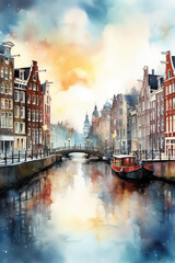 Amsterdam watercolor. illustration of the Dutch city of Amsterdam (Netherlands) in watercolor style. drawing. paint. illustration. travel, vacation, tourist destination. image created with ai