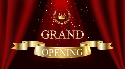 Realistic Grand Opening Invitation with Red Curtains and Golden Confetti.