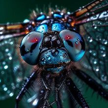 Macro Portrait Of A Dragonfly With Big Eyes On A Dark Background,in The Rain,photorealistic Image