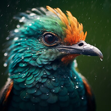 Portrait Of A Green Bird Head In The Rain