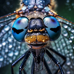 Wall Mural - Macro portrait of a dragonfly with big eyes on a dark background,in the rain,photorealistic image