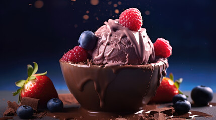 A bowl of chocolate ice cream with pouring chocolate syrup