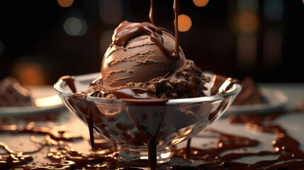 A bowl of chocolate ice cream with pouring chocolate syrup