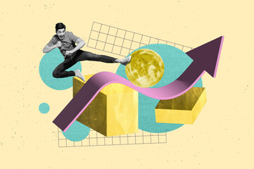 Wall Mural - Artwork 3d collage poster image of crazy positive man jump up leg kick circle moon overcome obstacle isolated on painted background