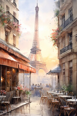 Paris (France) city in watercolor style. impressive drawing with the eiffel tower in the background. illustration. paint. image created with ai. vacation. travel. tourism