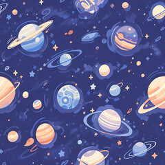 Planets in space cosmic cute cartoon seamless repeat pattern