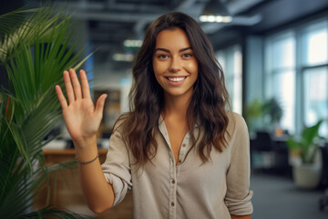 Wall Mural - Close up of a woman at work smiling at her workplace and giving a high five to the camera. Generative AI