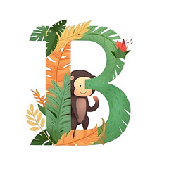 Alphabet letter B with tropical leaves and monkey. Vector illustration.