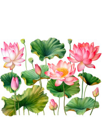 Wall Mural - Watercolor painting of a beautiful pink lotus flowers on a white background. Cut out PNG illustration on transparent background. AI Generative.