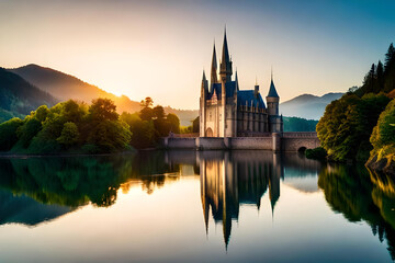 Wall Mural - Beautiful Castle on hilltop covered with green grass and flowers, Created with AI