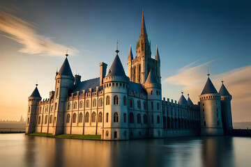 Wall Mural - Beautiful Castle on hilltop covered with green grass and flowers, Created with AI