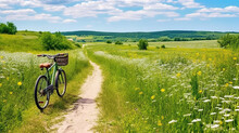 Beautiful Spring Summer Natural Landscape With A Bicycle On A Flowering Meadow Against A Blue Sky With Clouds On A Bright Sunny Day.