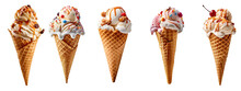 Set Of Ice Cream Cones With Different Flavors, Isolated On Transparent