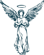 Girl Angel With Wings Praying Vector Stencil