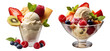 Set of ice-cream desserts on transparent background with Italian gelato with fresh fruit garnishes including cherry, raspberry, strawberry, mango, pineapple, vanilla, chocolate, caramel and banana